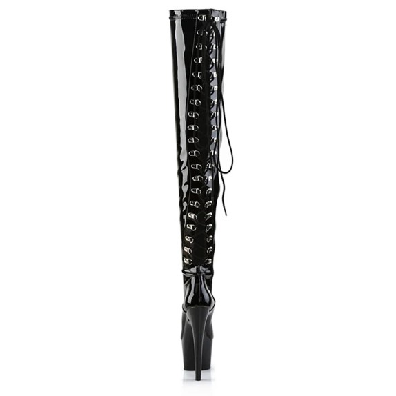 STIVALI SEXY NERI IN VERNICE AL GINOCCHIO CON LACCI E ZIP 18 CM