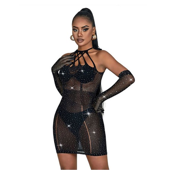 MINI ABITO SEXY NERO PER DONNA IN MICRORETE CON STRASS SUBBLIME