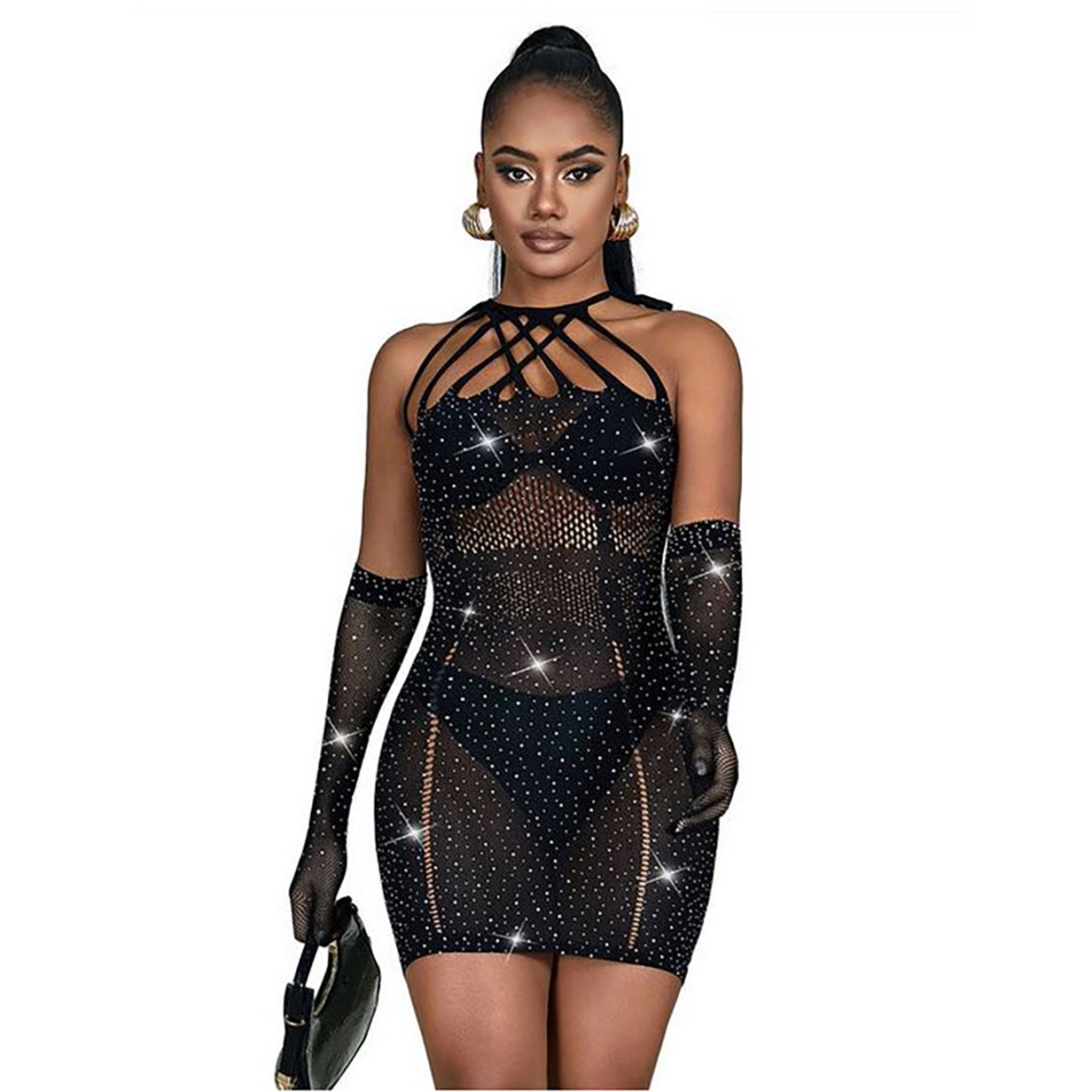 MINI ABITO SEXY NERO PER DONNA IN MICRORETE CON...
