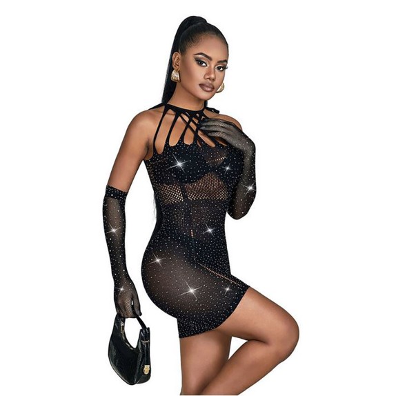 MINI ABITO SEXY NERO PER DONNA IN MICRORETE CON STRASS SUBBLIME