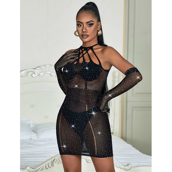 MINI ABITO SEXY NERO PER DONNA IN MICRORETE CON STRASS SUBBLIME