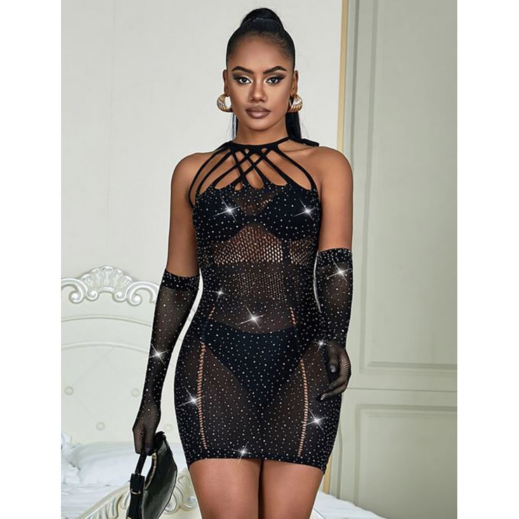 MINI ABITO SEXY NERO PER DONNA IN MICRORETE CON STRASS...