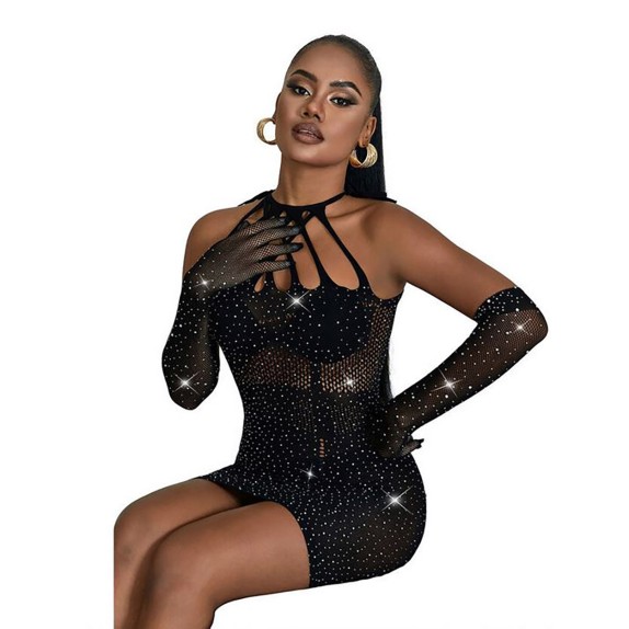MINI ABITO SEXY NERO PER DONNA IN MICRORETE CON STRASS SUBBLIME