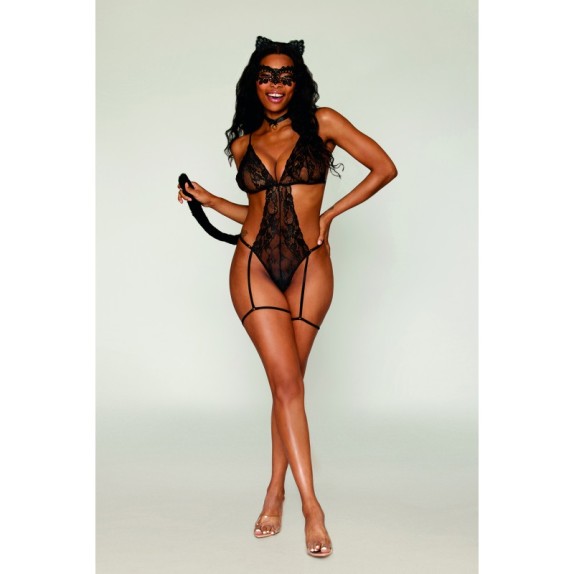 COSTUME TRAVESTIMENTO DA GATTA SET 5 PEZZI BODY CON CODA