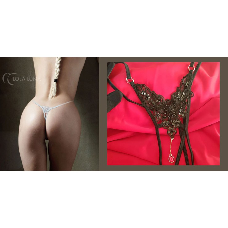 PERIZOMA APERTO NERO SEXY CON RICAMI E GIOIELLI PER DONNA... 2