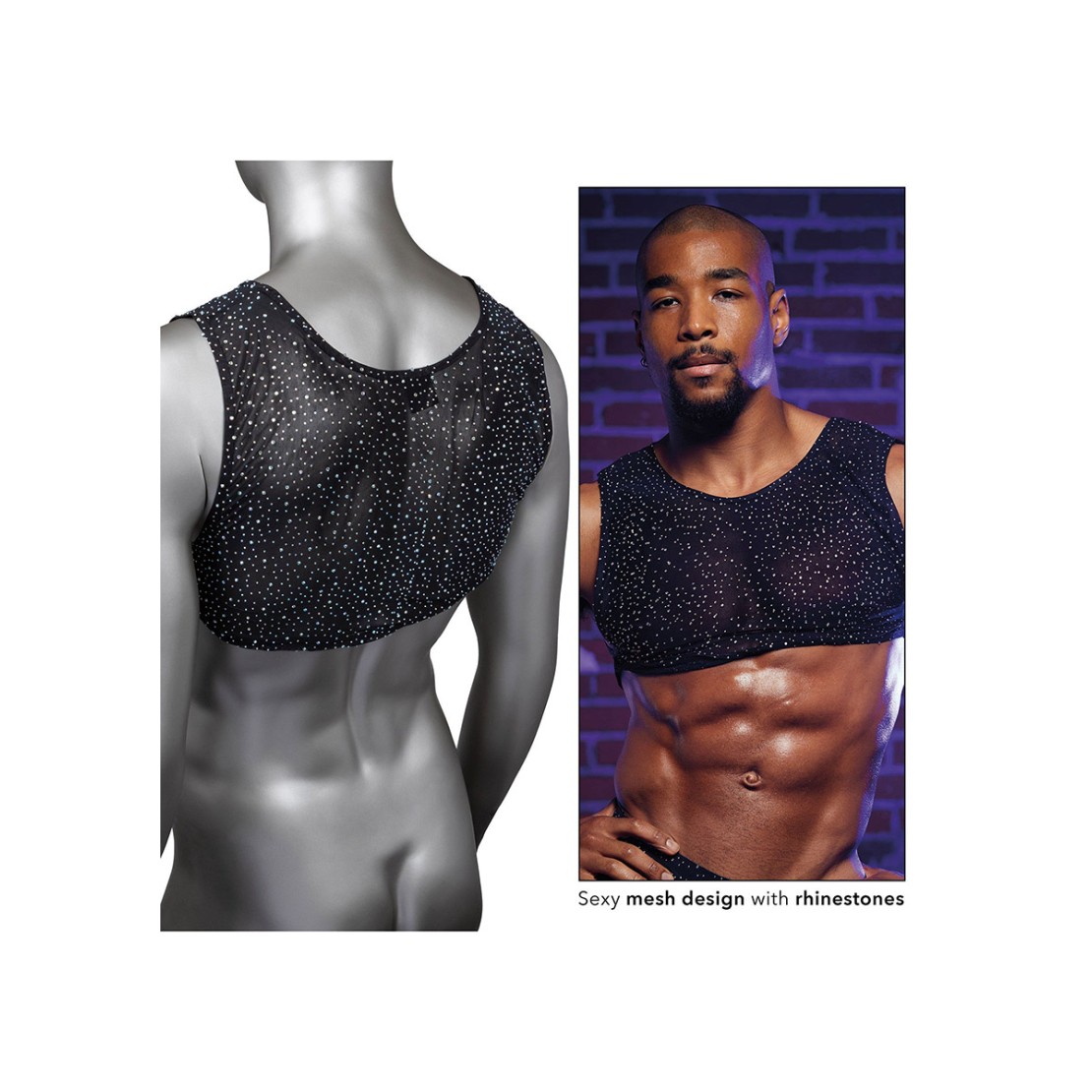 TOP CORTO IN MICRORETE CON STRASS PER UOMO CROP...