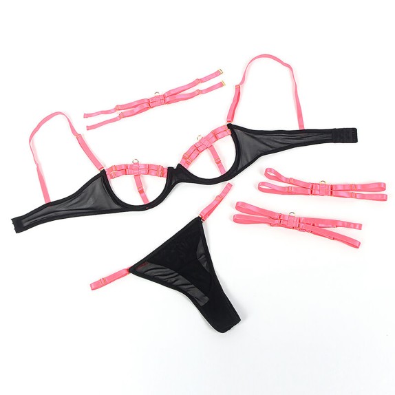 SET 4 PEZZI LINGERIE STILE HARNESS CON ACCESSORI COLLARE E GIARRETTIERE