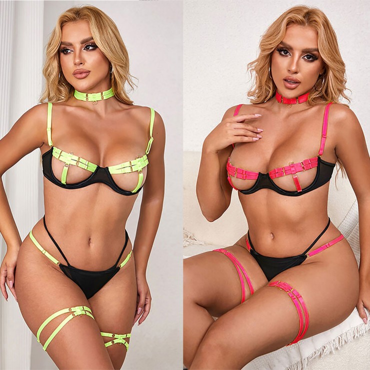 SET 4 PEZZI LINGERIE STILE HARNESS CON ACCESSORI COLLARE...