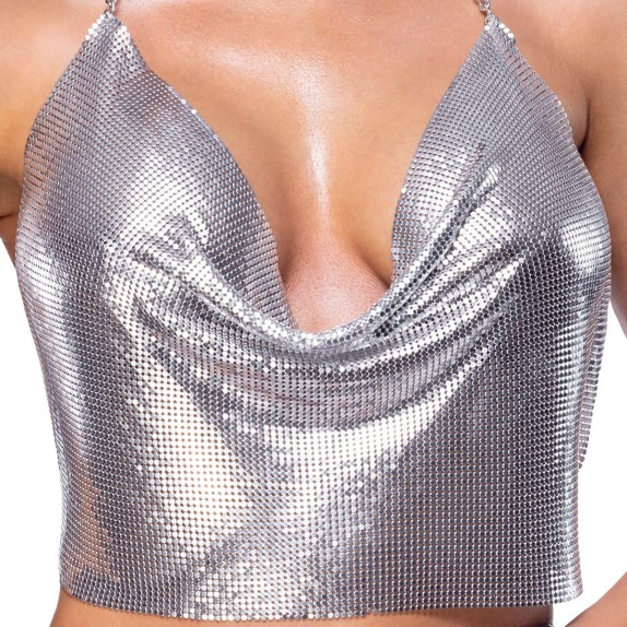 CROP TOP IN METALLO ARGENTO SCOLLO A CASCATA CON CATENA REGOLABILE