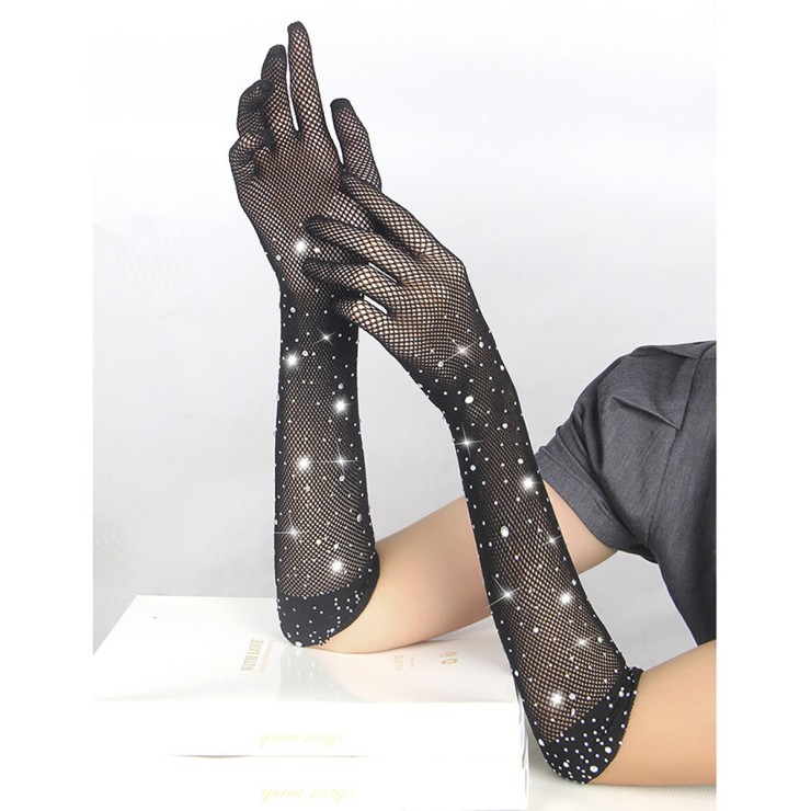 GUANTI SEXY NERI FINO AL GOMITO IN RETE SOTTILE CON STRASS 2