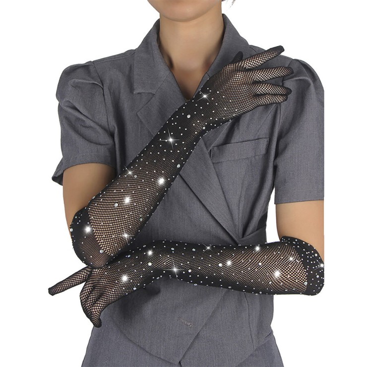 GUANTI SEXY NERI FINO AL GOMITO IN RETE SOTTILE CON STRASS