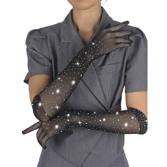GUANTI SEXY NERI FINO AL GOMITO IN RETE SOTTILE CON STRASS