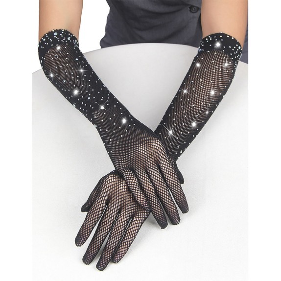 GUANTI SEXY NERI FINO AL GOMITO IN RETE SOTTILE CON STRASS