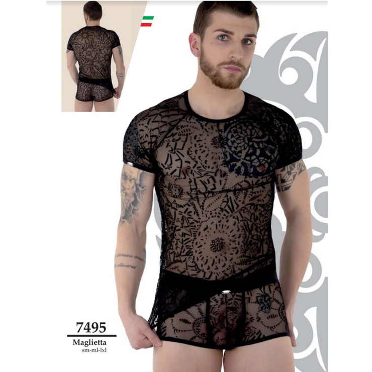 MAGLIETTA SEXY PER UOMO IN TULLE E VELLUTO EFFETTO...