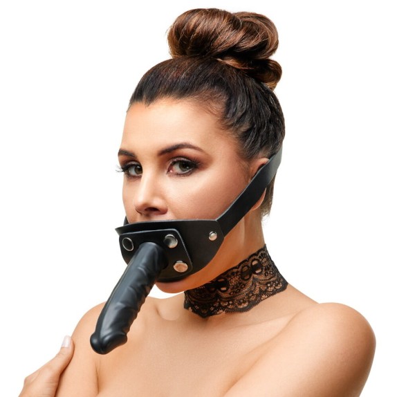 GAG MORSO COSTRITTIVO CON DILDO DOPPIO IN PELLE E LATTICE ZADO