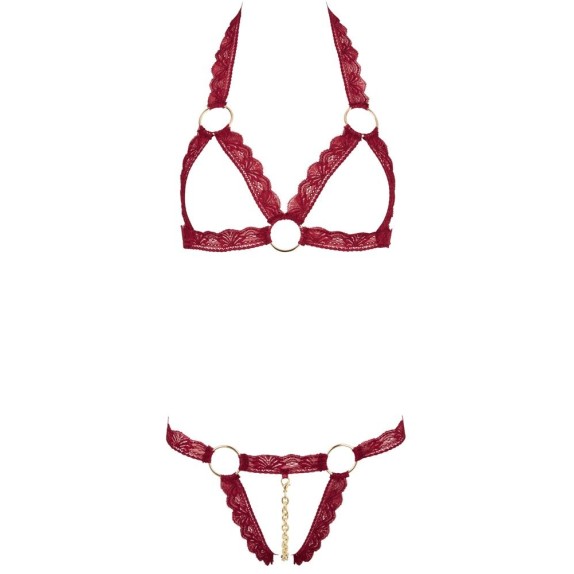 COMPLETO DUE PEZZI IN PIZZO ROSSO APERTO CON CATENA STACCABILE