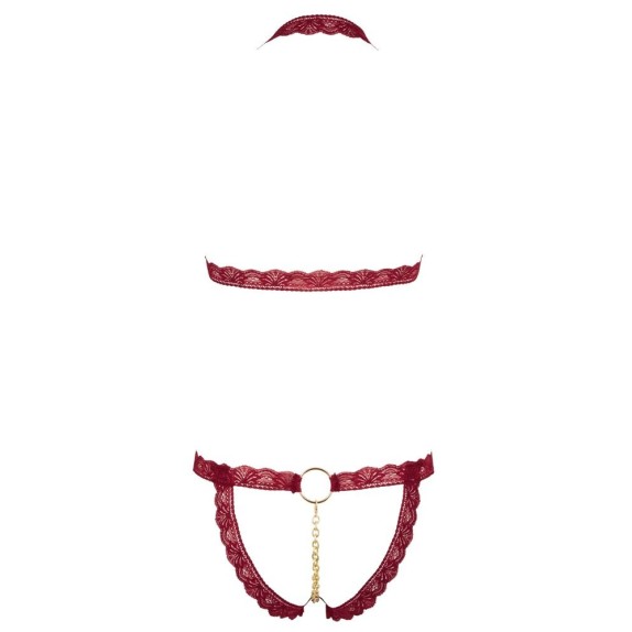 COMPLETO DUE PEZZI IN PIZZO ROSSO APERTO CON CATENA STACCABILE