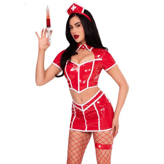 INFERMIERA 4 PZ COSTUME TRAVESTIMENTO SEXY IN PVC ROSSO