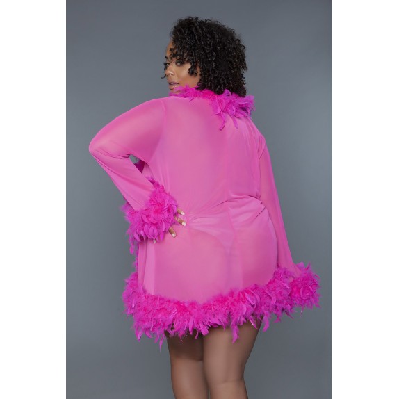VESTAGLIA DI LUSSO IN CHIFFON CON BOA DI PIUME MORBIDE FUCSIA & ROSA-OF