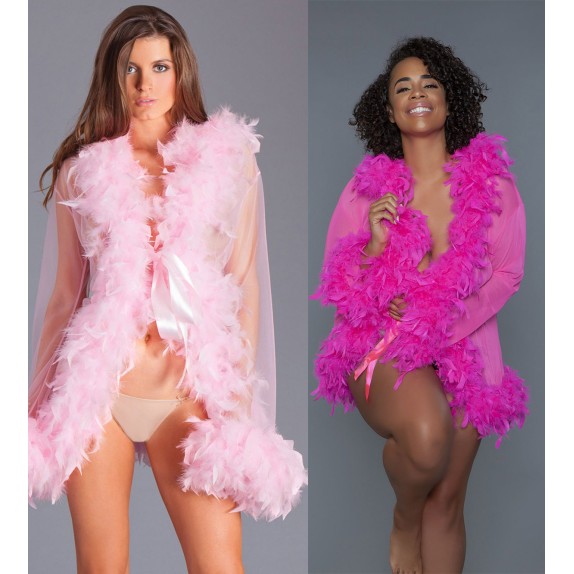 VESTAGLIA DI LUSSO IN CHIFFON CON BOA DI PIUME MORBIDE FUCSIA & ROSA-OF