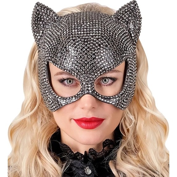 MASCHERA DA GATTO SEXY RIGIDA CON STRASS ARGENTATI