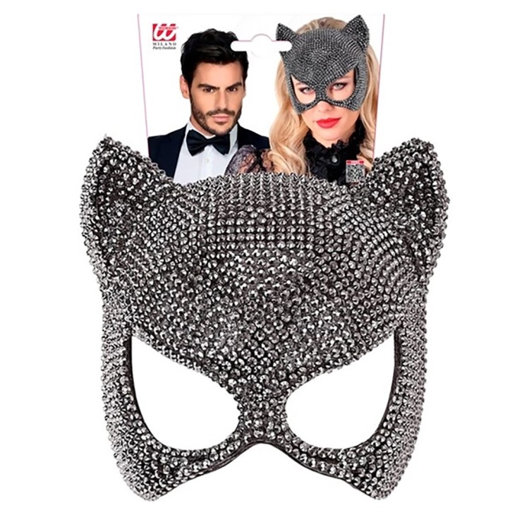 MASCHERA DA GATTO SEXY RIGIDA CON STRASS ARGENTATI