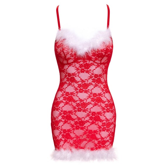 BABYDOLL NEGLIGÉ SEXY DA BABBA NATALE IN PIZZO ROSSO FLOREALE CON PIUME BIANCHE