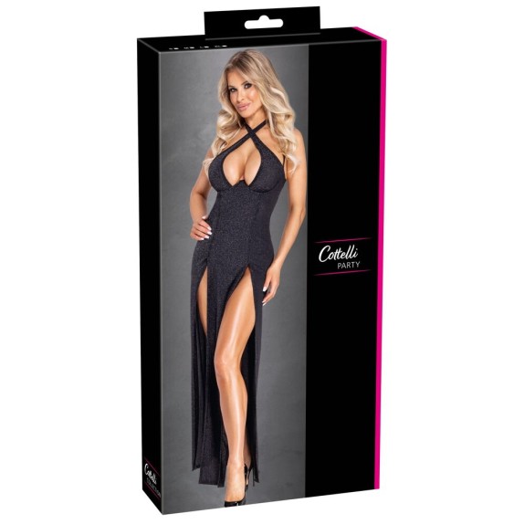 ABITO LUNGO NERO GLITTER SEXY PER DONNA CON SCOLLO E SPACCHI